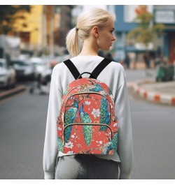 Backpack Purse for Women Watercolor Japanese Peacock, Mini Fashion Backpack Red Oriental Style Lightweight Casual Daypack Sho...