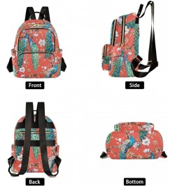 Backpack Purse for Women Watercolor Japanese Peacock, Mini Fashion Backpack Red Oriental Style Lightweight Casual Daypack Sho...