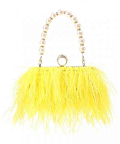 Women Real Natural Ostrich Feather Evening Bags Purses Clutch Vintage Banquet Handbag Yellow $27.53 Evening Bags