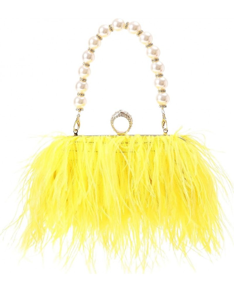 Women Real Natural Ostrich Feather Evening Bags Purses Clutch Vintage Banquet Handbag Yellow $27.53 Evening Bags