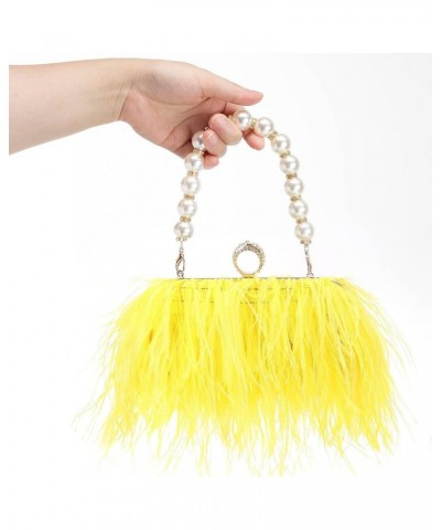 Women Real Natural Ostrich Feather Evening Bags Purses Clutch Vintage Banquet Handbag Yellow $27.53 Evening Bags