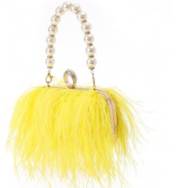 Women Real Natural Ostrich Feather Evening Bags Purses Clutch Vintage Banquet Handbag Yellow $27.53 Evening Bags