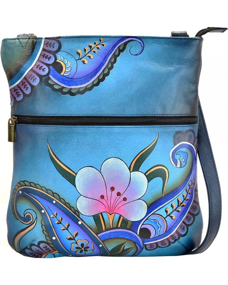 Women's Hand-Painted Genuine Leather Slim Cross Shoulder Bag Denim Paisley Floral $46.28 Shoulder Bags