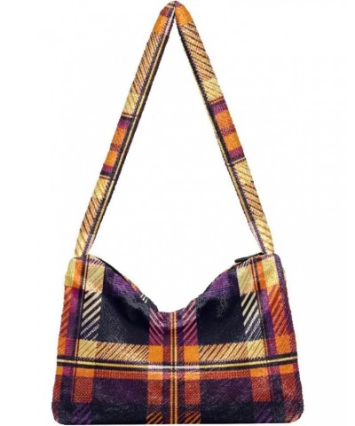 Ladies Soft Plush Underarm Bag Orange-purple-tartan Fluffy Shoulder Bag Women Furry Purse Handbag $16.63 Shoulder Bags