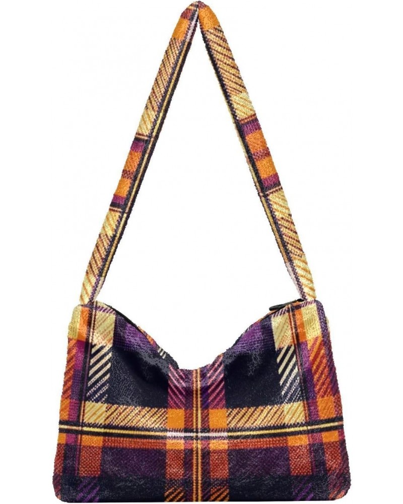 Ladies Soft Plush Underarm Bag Orange-purple-tartan Fluffy Shoulder Bag Women Furry Purse Handbag $16.63 Shoulder Bags