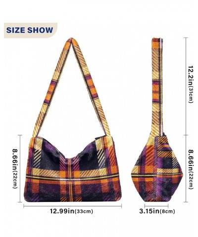 Ladies Soft Plush Underarm Bag Orange-purple-tartan Fluffy Shoulder Bag Women Furry Purse Handbag $16.63 Shoulder Bags