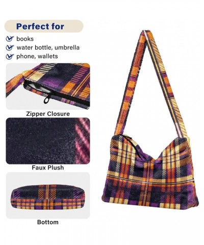 Ladies Soft Plush Underarm Bag Orange-purple-tartan Fluffy Shoulder Bag Women Furry Purse Handbag $16.63 Shoulder Bags