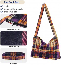 Ladies Soft Plush Underarm Bag Orange-purple-tartan Fluffy Shoulder Bag Women Furry Purse Handbag $16.63 Shoulder Bags