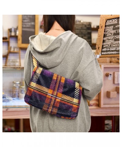 Ladies Soft Plush Underarm Bag Orange-purple-tartan Fluffy Shoulder Bag Women Furry Purse Handbag $16.63 Shoulder Bags