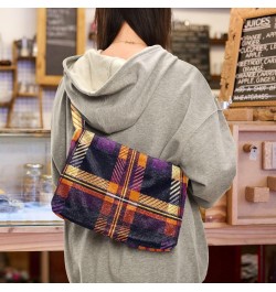 Ladies Soft Plush Underarm Bag Orange-purple-tartan Fluffy Shoulder Bag Women Furry Purse Handbag $16.63 Shoulder Bags