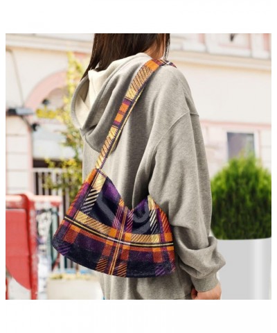 Ladies Soft Plush Underarm Bag Orange-purple-tartan Fluffy Shoulder Bag Women Furry Purse Handbag $16.63 Shoulder Bags