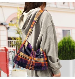 Ladies Soft Plush Underarm Bag Orange-purple-tartan Fluffy Shoulder Bag Women Furry Purse Handbag $16.63 Shoulder Bags