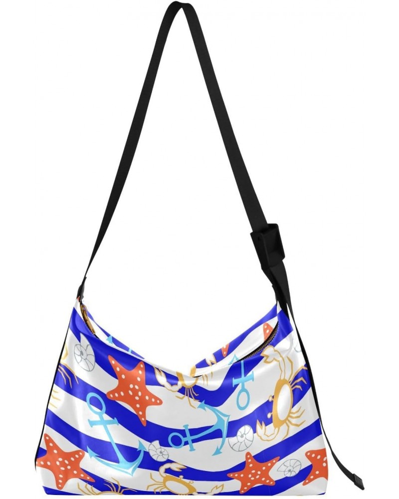 Marine Seamless Pattern Hobo Crossbody Bags for Women Leather Large Shoulder Bag Cross Body Cute Crab Cockleshell Trendy Wome...